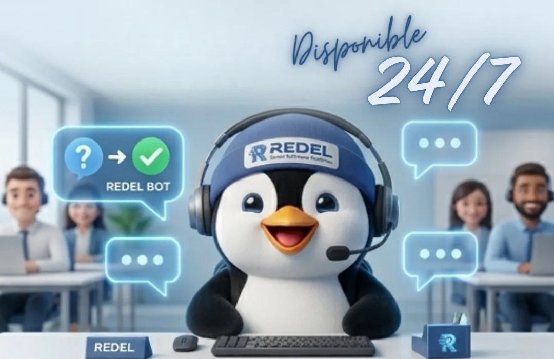 Mascota de Redel Bot IA, disponible 24/7