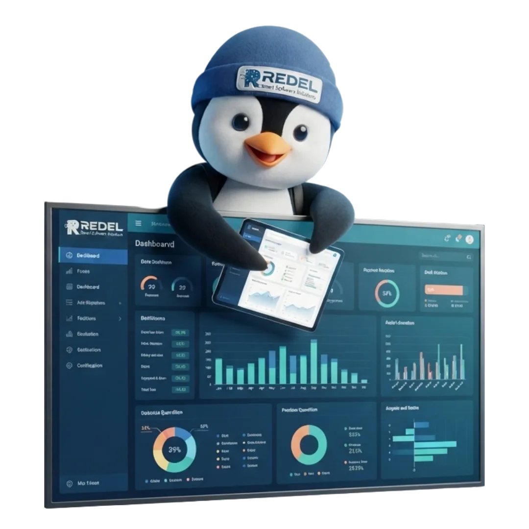 Mascota de Redel mostrando el dashboard de Redel ERP